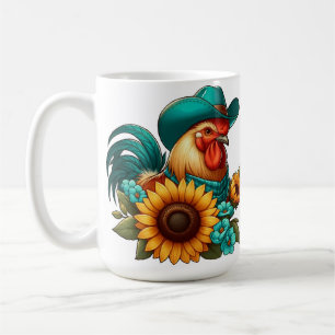 Rooster With Teal Hat and Sunflowers  Coffee Mug