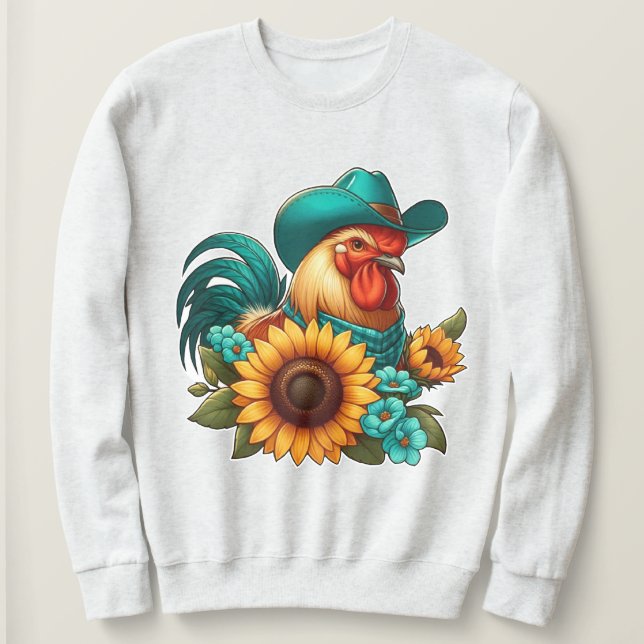 Rooster With Teal Hat and Sunflowers  Sweatshirt (Design Front)