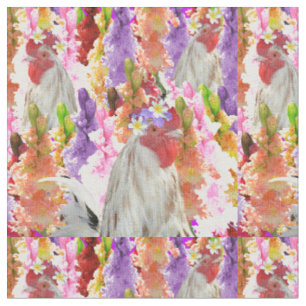 Roosters And Hollyhock Flowers, Fabric