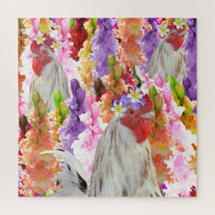 Roosters And Hollyhock Flowers, Jigsaw Puzzle