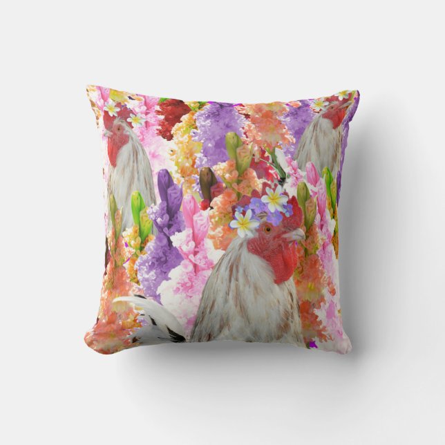 Roosters And Hollyhock Flowers, Throw Pillow (Front)