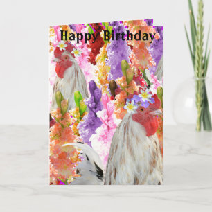 Roosters And Hollyhocks Birthday Card, Holiday Card