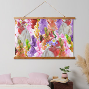 Roosters And Hollyhocks, Wall Hanging Tapestry