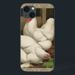Roosters & Hen outside Hen House with White Border iPhone 13 Case<br><div class="desc">A rustic art print displaying a vigourous rooster and a hen in a hen house. The darc ecru border is pattern consists of spiral elements. This print would be a gread addition to a rural country home decoration.</div>