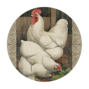 Roosters & Hen outside Hen House with White Border Cutting Board