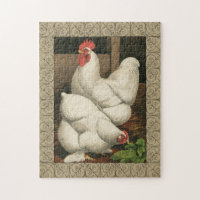 Roosters & Hen outside Hen House with White Border