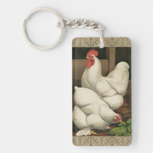 Roosters & Hen outside Hen House with White Border Keychain