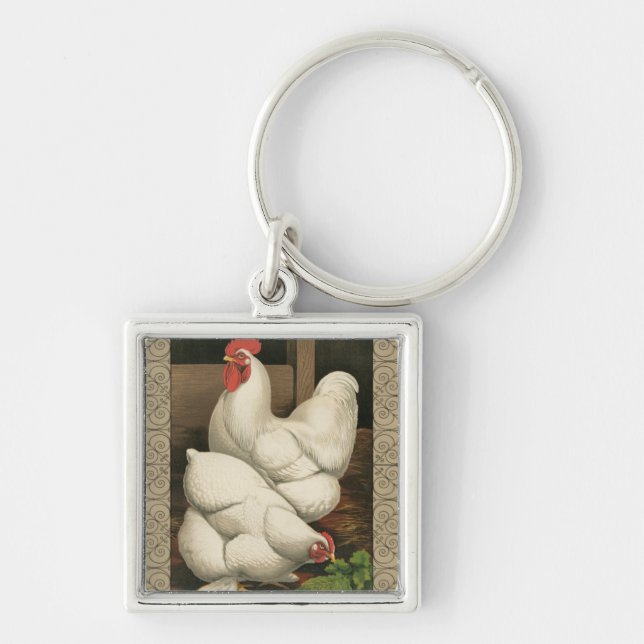 Roosters & Hen outside Hen House with White Border Keychain (Front)