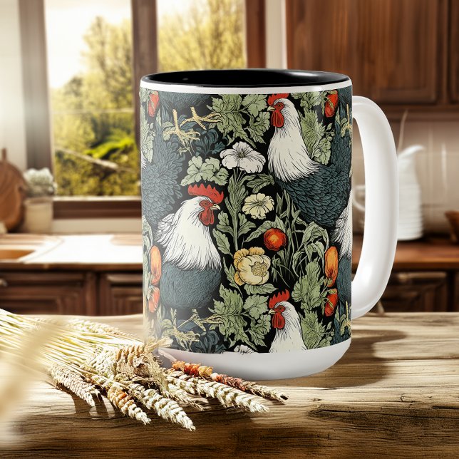 Roosters in the Green Garden William Morris Style Coffee Mug (Creator Uploaded)