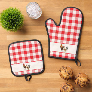 Roosters on Red and White Chequered Plaid Oven Mitt & Pot Holder Set