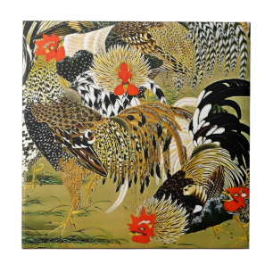 Roosters Vintage Japanese Chickens Tile