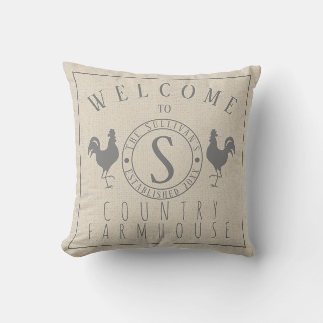 Roosters Welcome to Name Country Farmhouse Throw Pillow (Front)