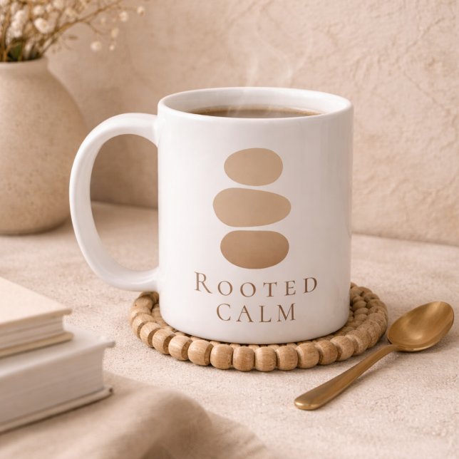 Rooted Calm Pebbles Classic Mug, 11 oz Coffee Mug (White ceramic with pebble pattern and Rooted Calm text for balanced morning routines)