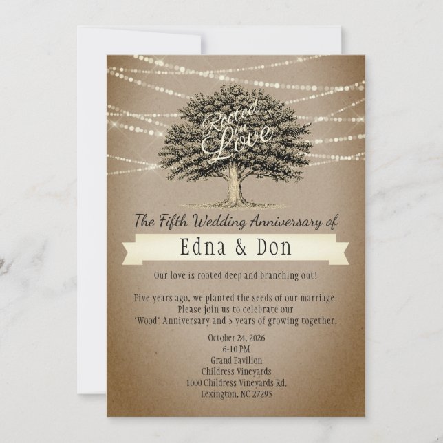 Rooted in Love Rustic Tree Lights 5th Anniversary Invitation (Front)