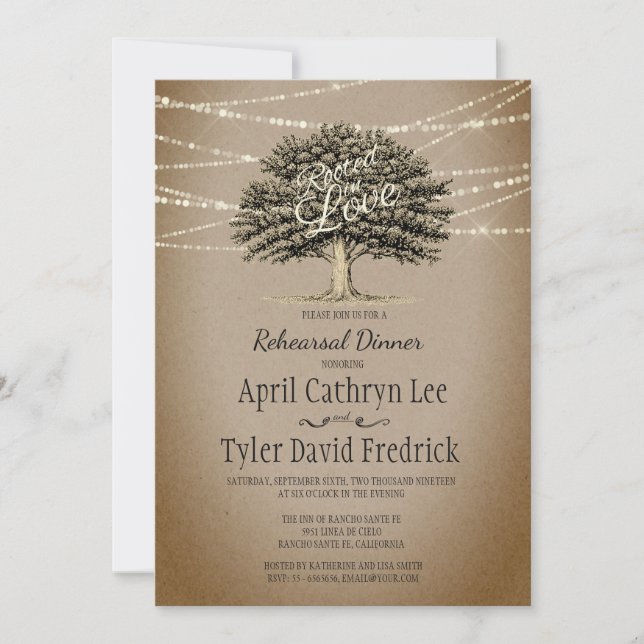 Rooted in Love Rustic Tree Lights Rehearsal Dinner Invitation (Front)