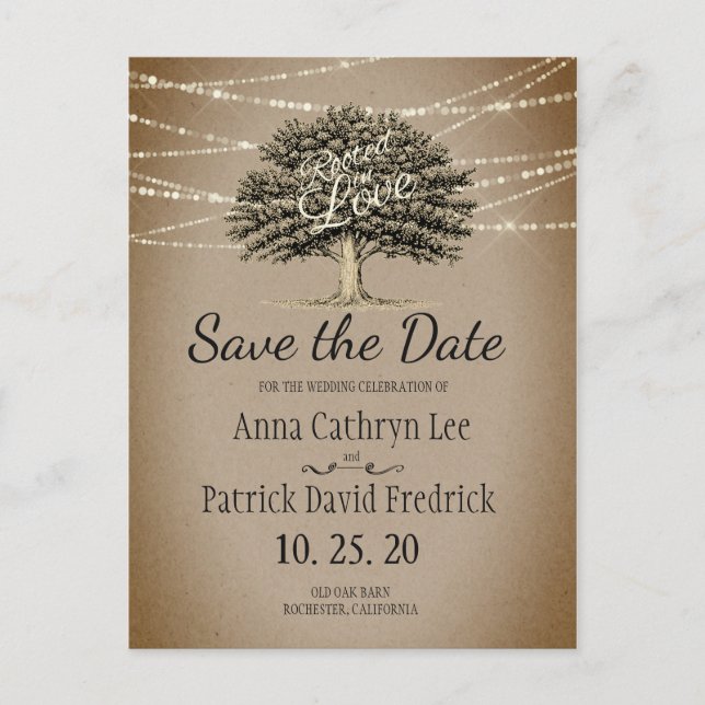Rooted in Love Rustic Tree String Lights Save Date Announcement Postcard (Front)