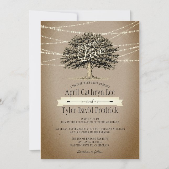 Rooted in Love Rustic Tree String Lights Wedding Invitation (Front)