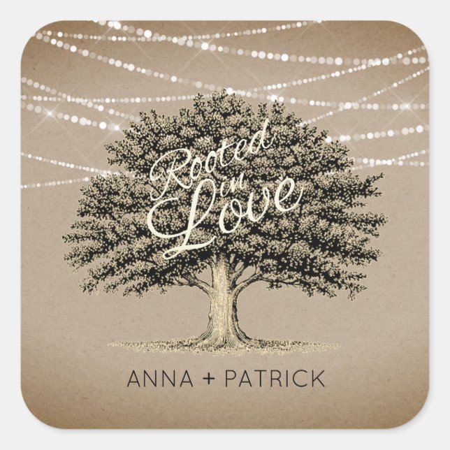 Rooted in Love Rustic Tree String Lights Wedding Square Sticker (Front)