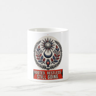 Rooted Restless Still Going Woodcut Crest Coffee Mug