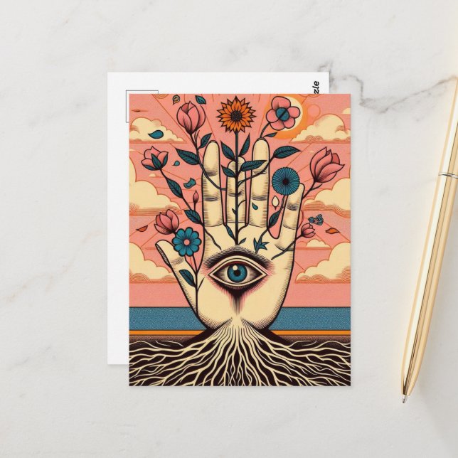 Rooted Surreal Gardeners Hand With Pink Flowers Postcard (Front/Back In Situ)