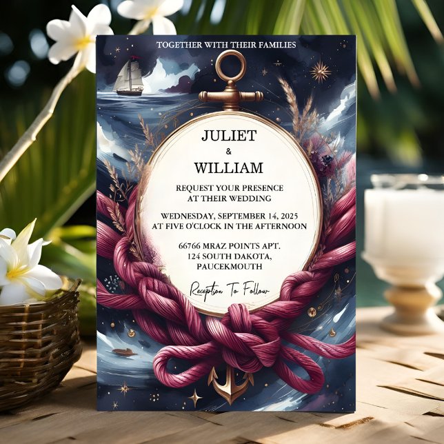 Rope Knot Boat Ship Navy Blue Nautical Wedding Invitation (Creator Uploaded)