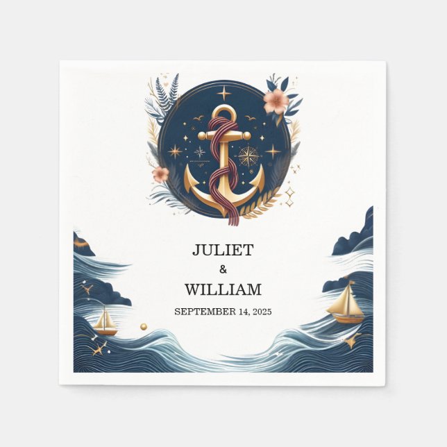 Rope Knot Boat Ship Navy Blue Nautical Wedding Napkin (Front)