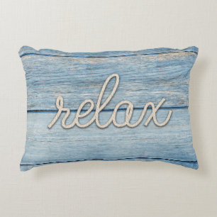 rope "relax" text on blue wood accent pillow