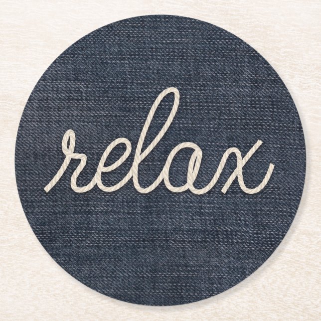 Rope Relax Text on Denim Round Paper Coaster (Front)