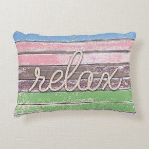 rope "relax" text on painted wood accent pillow