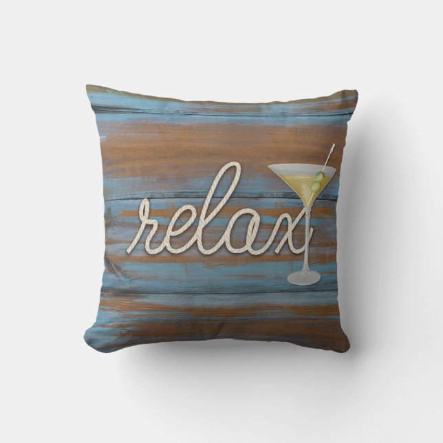 rope "relax" text on rustic wood throw pillow (Front)