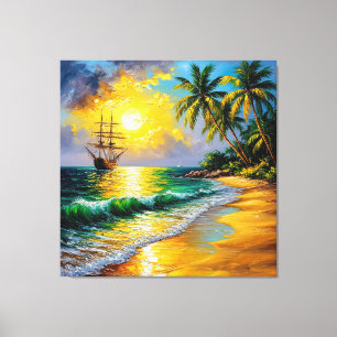 ropical Beach at Sunrise with a Sailing Ship Canvas Print