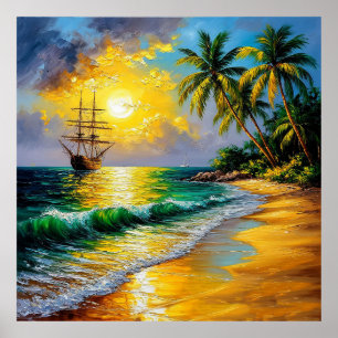 ropical Beach at Sunrise with a Sailing Ship Poster