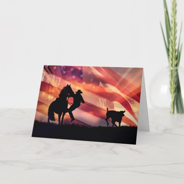 Roping American Cowboy with Horse and Steer Card (Front)