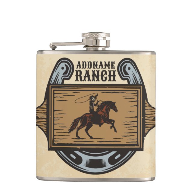 Roping Cowboy ADD NAME Western Family Horse Ranch Hip Flask (Front)
