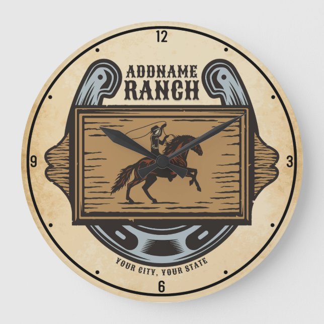 Roping Cowboy ADD NAME Western Family Horse Ranch Large Clock (Front)