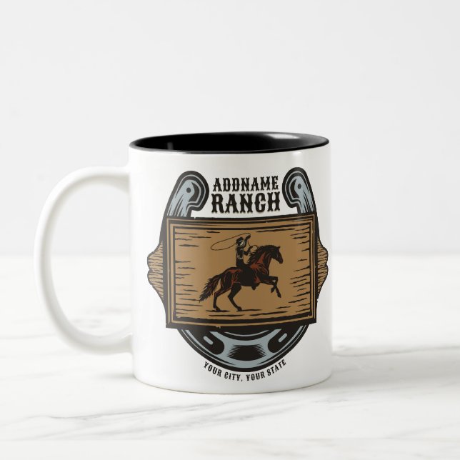 Roping Cowboy ADD NAME Western Family Horse Ranch Two-Tone Coffee Mug (Left)