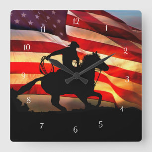 Roping Cowboy and Horse American Flag Square Wall Clock