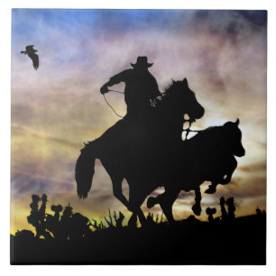 Roping Cowboy with Horse Country Western Desert Tile