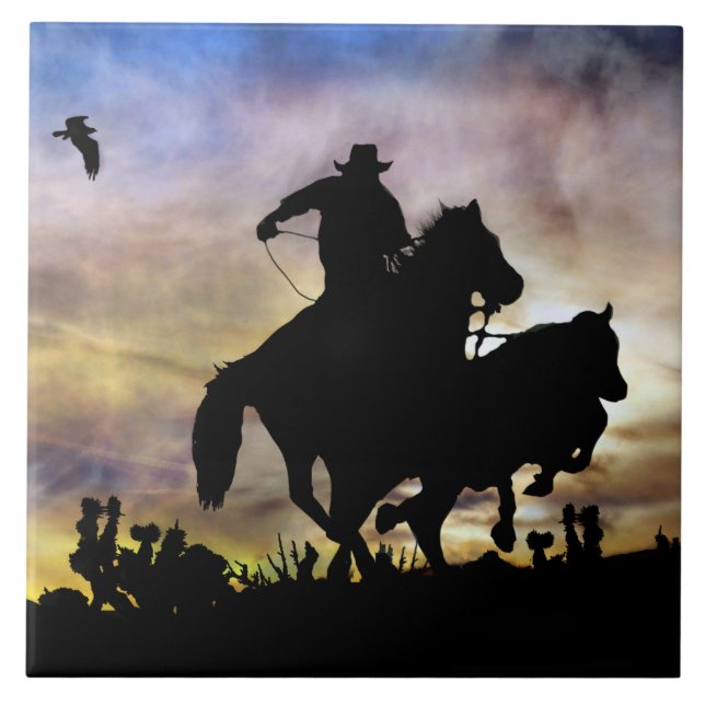 Roping Cowboy with Horse Country Western Desert Tile (Front)