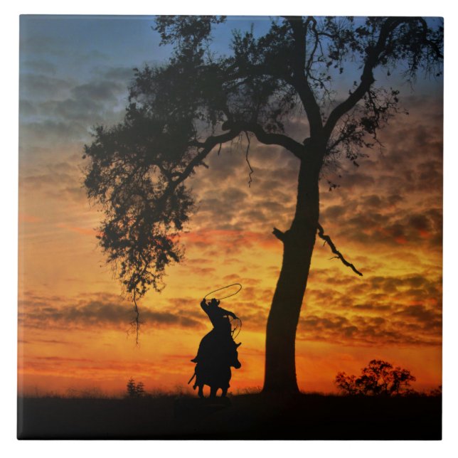 Roping Cowboy with Horse Country Western Tile (Front)