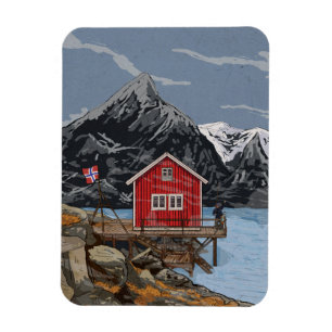 Rorbu Lofoten Bergen Norway Landscape Illustration Magnet