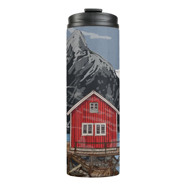 Rorbu Lofoten Bergen Norway Landscape Illustration Thermal Tumbler (Front)