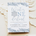 RORY Blue Winter OnderLand Pine 1st Birthday Invitation<br><div class="desc">This first birthday party invitation features dusty blue pine sprigs with sky blue splashes and a light blue glitter snowflake and the saying "Winter Onderland" This magical blue winter theme is perfect for a wintery December or Christmas holiday themed 1st birthday celebration.</div>