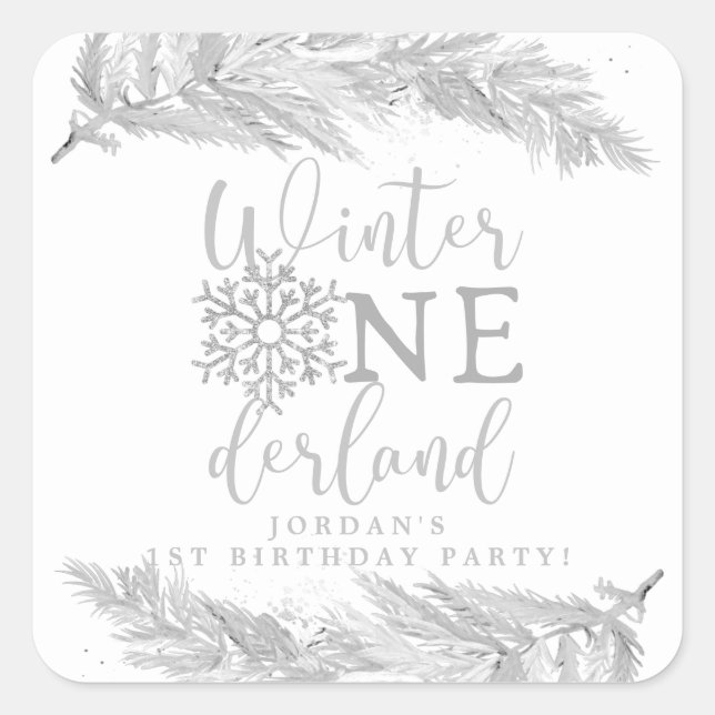 RORY Silver Winter OnderLand 1st Birthday Party Square Sticker (Front)