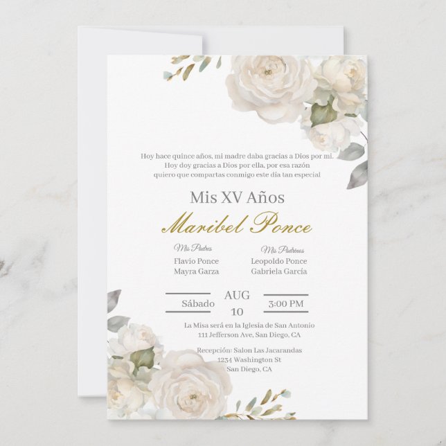 Rosa blanca Quinceanera invitation (Front)