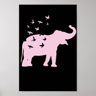 rosa Elefant mit Vögel Poster