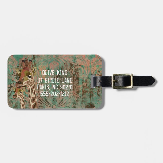 Rosa Giraffes Damask  Luggage Tag (Front Horizontal)