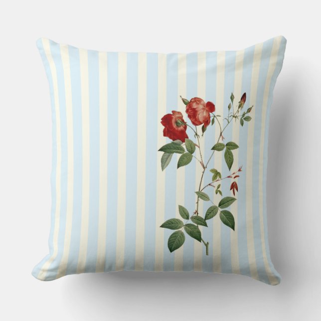 Rosa indica ivory & blue strip  throw pillow (Front)