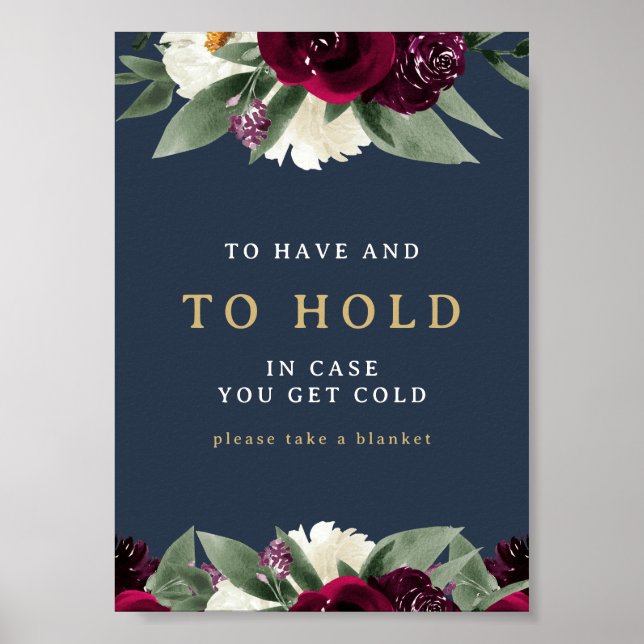 ROSA Rich Burgundy Floral Navy Blanket Sign (Front)