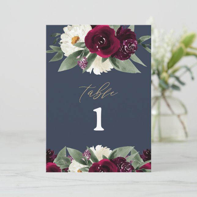 ROSA Rich Burgundy Floral Navy Blue Table Number (Standing Front)